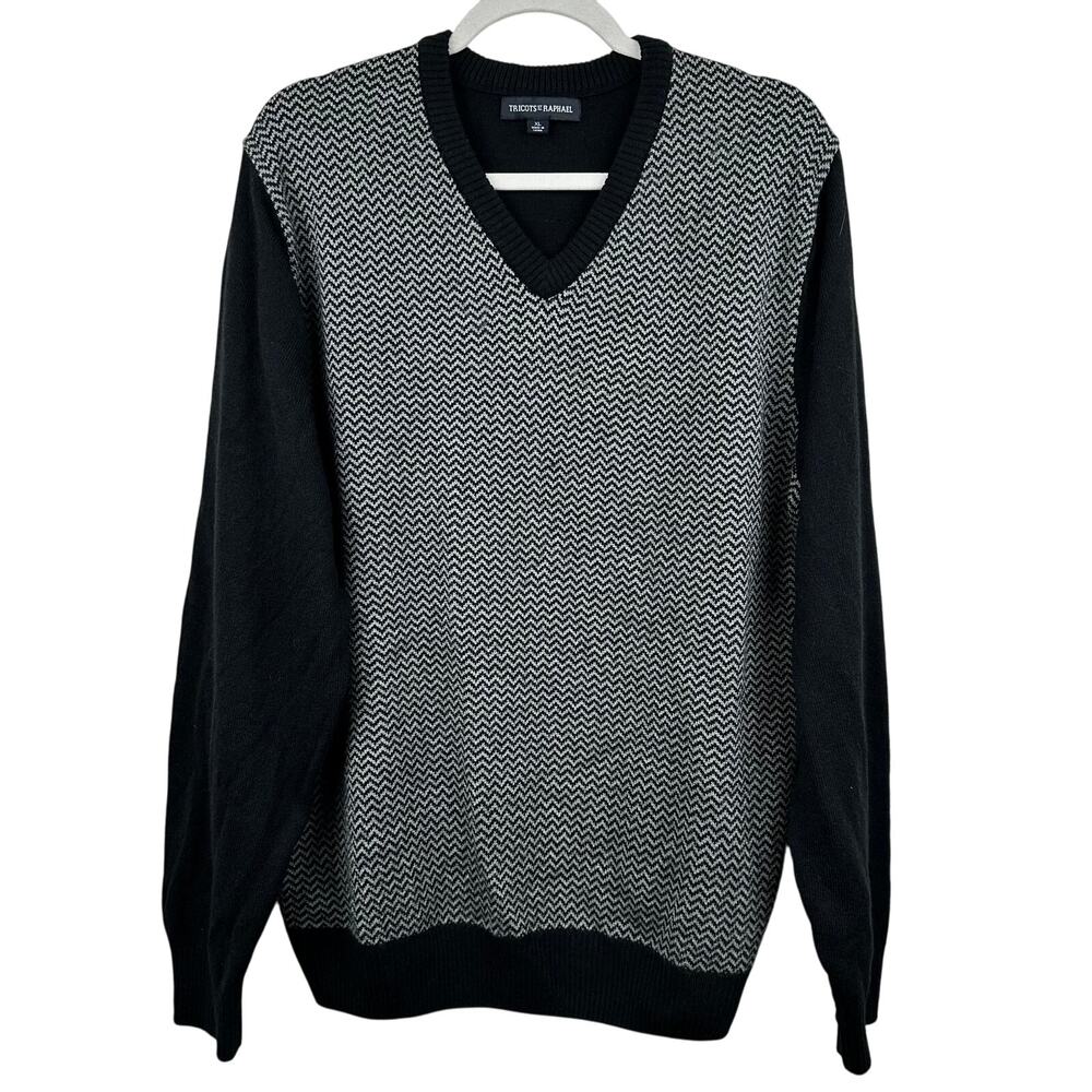 Tricots St Raphael Men's Sweater V-Neck Chevron Stripe Black Size XL Classic